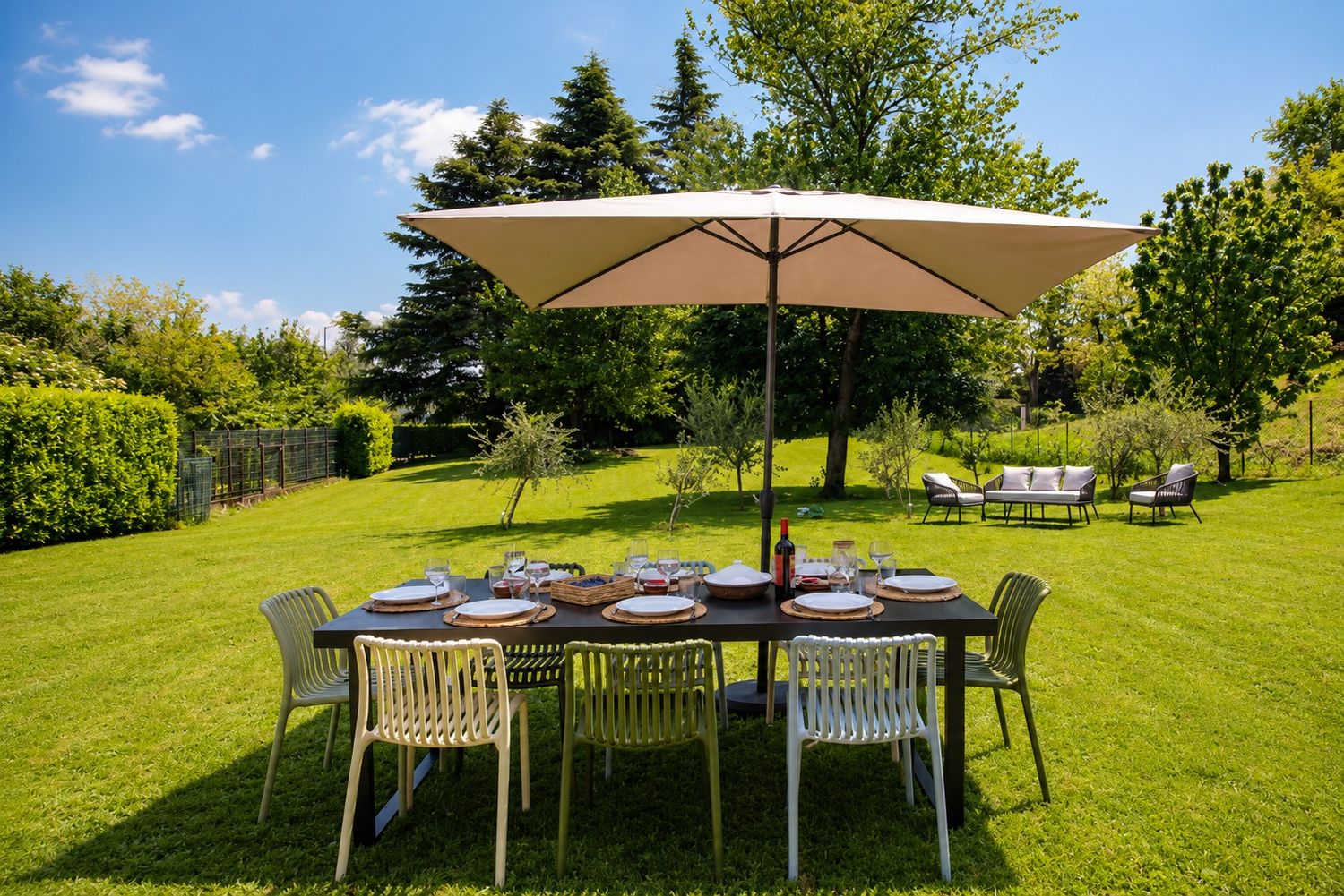 Outdoor dining under the parasol